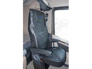 TRUCK ECO LEATHER SEAT COVERS FIT DAF XG XG+ PAIR OF BLACK WITH BLUE STITCHES