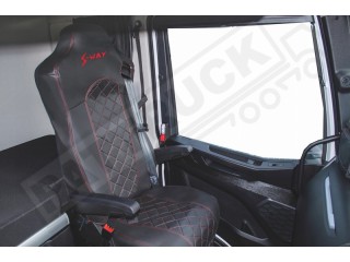TRUCK ECO LEATHER SEAT COVERS suitable for IVECO S-WAY [ new shape] PAIR OF BLACK WITH RED STITCHES