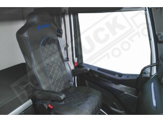 TRUCK ECO LEATHER SEAT COVERS suitable for IVECO S-WAY [ new shape] PAIR OF BLACK WITH BLUE STITCHES