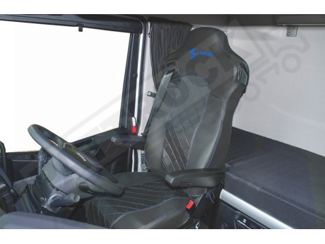 TRUCK ECO LEATHER SEAT COVERS suitable for IVECO S-WAY [ new shape] PAIR OF BLACK WITH BLUE STITCHES