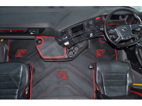 ECO LEATHER FLOOR MAT -BLACK /RED FIT SCANIA S New Generation  [ 2017+ ] SWIVEL/AIR  PASSENGER SEAT