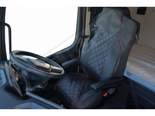 TRUCK ECO LEATHER SEAT COVERS  suitable for MERCEDES MP4 / MP5 PAIR OF BLACK WITH RED STITCHES