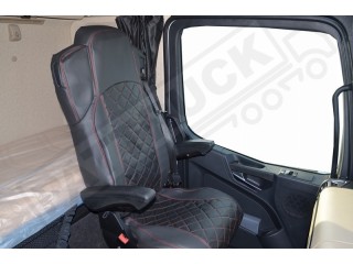 TRUCK ECO LEATHER SEAT COVERS  suitable for MERCEDES MP4 / MP5 PAIR OF BLACK WITH RED STITCHES
