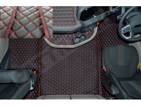 TRUCK ECO LEATHER FLOOR SET-BLACK/RED  [ FOLDING PASSENGER SEAT ]Suitable for  Daf  XG , XG+