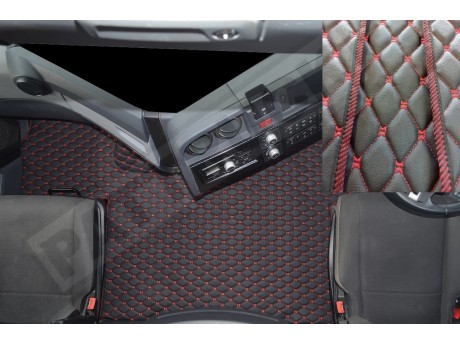 TRUCK ECO LEATHER FLOOR SET-BLACK with RED  FIT RENAULT T RANGE - FLAT FLOOR